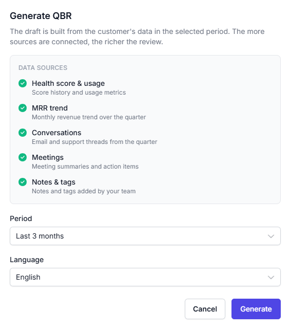 The Generate QBR dialog