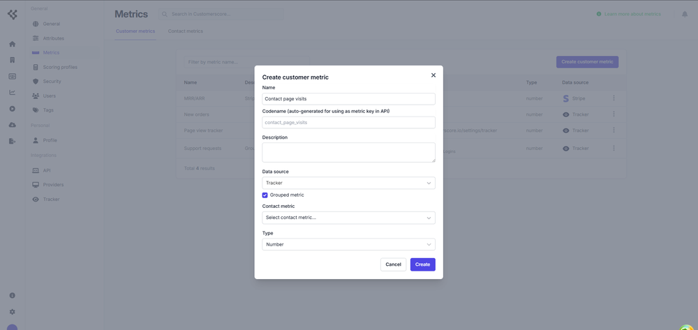 Metrics and attributes setup