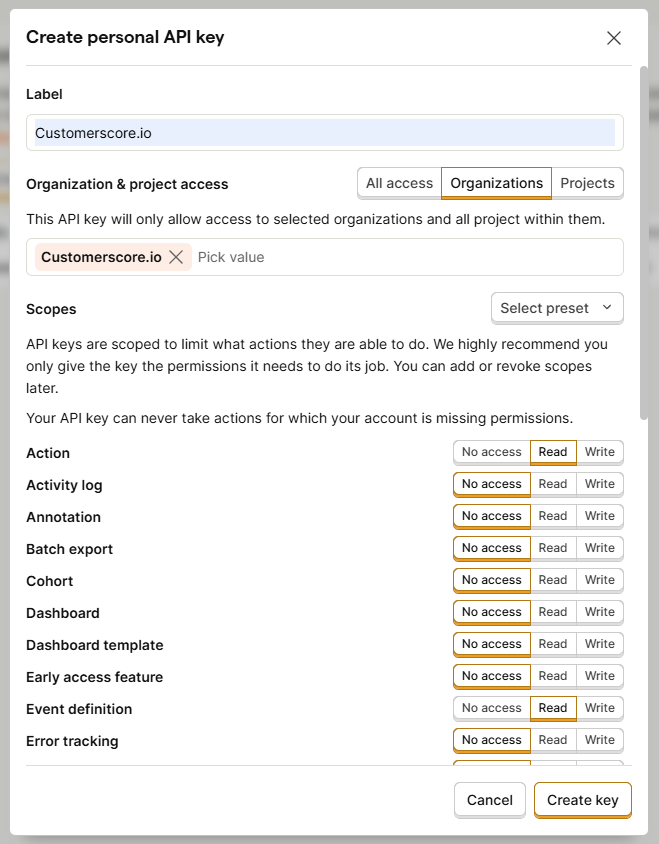 PostHog API key setup