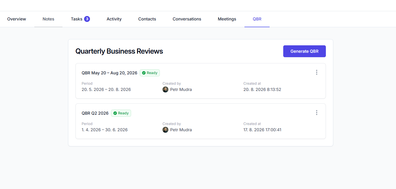 The QBR tab on a customer detail