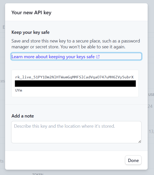 Stripe API key created